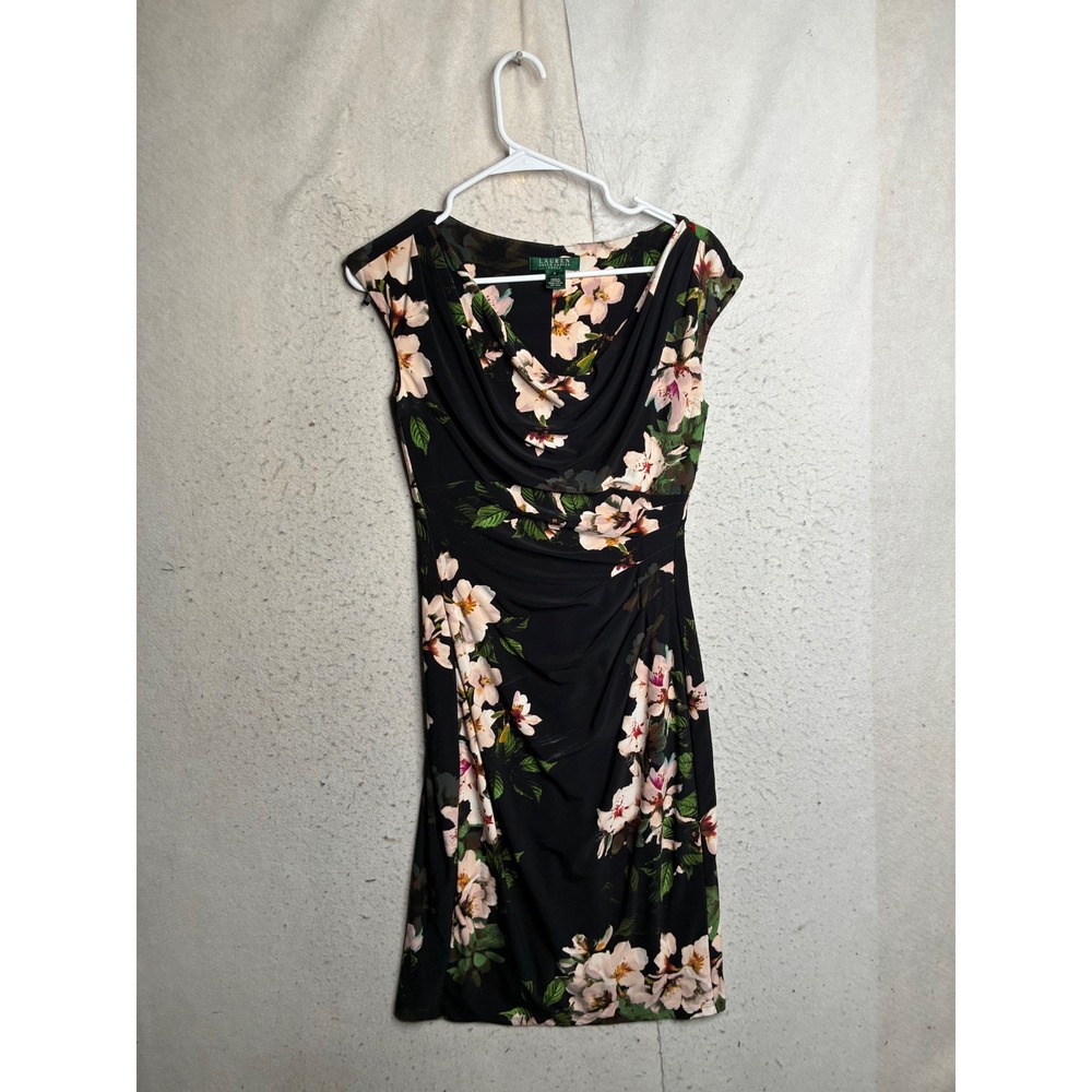 Lauren Ralph Lauren Black Floral Cowl Neck Ruched Sheath Dress Size 2
